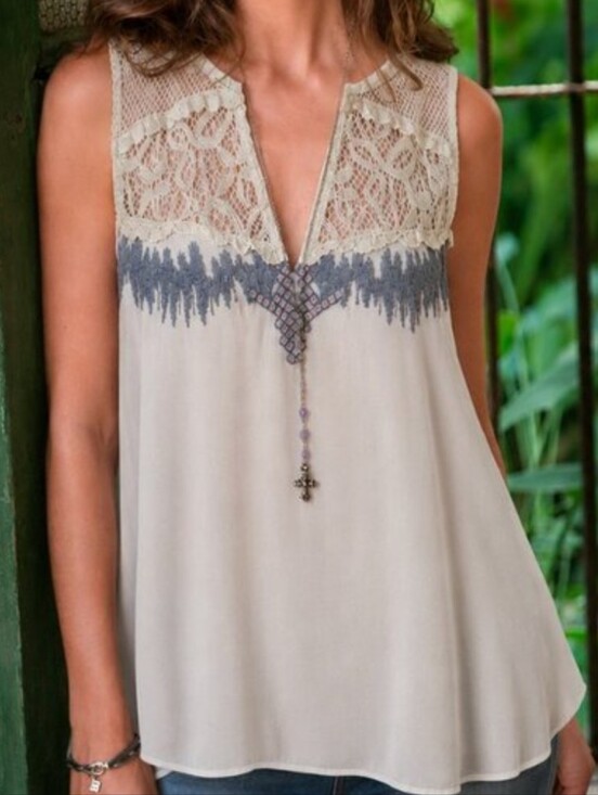 Sundance Tops - Sundance Lace Yoke Silk Chiffon & Jersey Sleeveless Top -